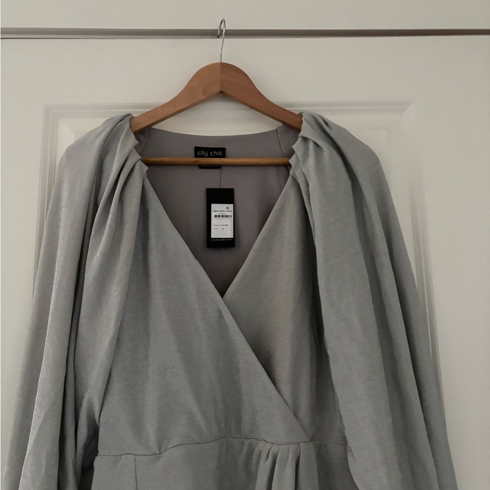 NWT City Chic Party Light Metallic Silver Faux Wrap Dress Stretch - Picture 10 of 11